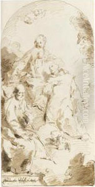 Holy Family Enthroned In The Clouds With A Monk In Adoration - view 1