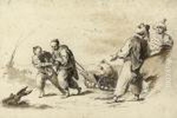Four Orientals, Two Pulling A Cart - view 1