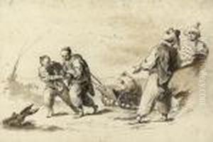 Four Orientals, Two Pulling A Cart