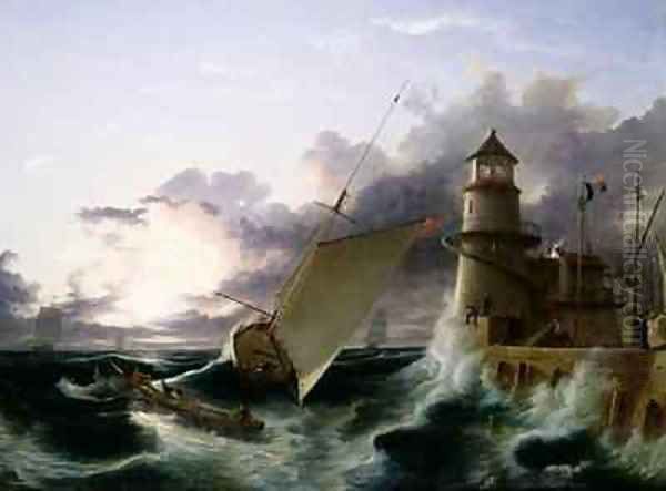 Boat by a Lighthouse a Squall Going Off - view 1