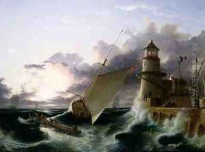 Boat by a Lighthouse a Squall Going Off by Francis Danby