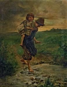 Zwei Kinder Beim Flussuberqueren by Ernst Nowak