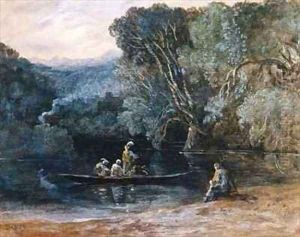 River scene with boat and figures by Francis Danby