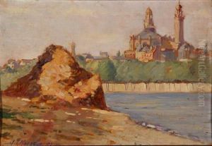 River Landscape With View Of A Cathedral by George Loftus Noyes
