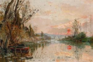A River Landscape At Sunset by Alexandre Nozal