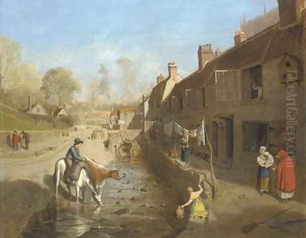 Figures by a village stream with figures by terraced houses - view 1