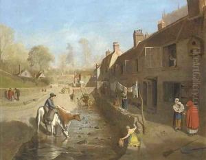 Figures by a village stream with figures by terraced houses by Francis Danby