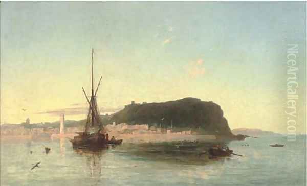 Fishing boats off a coastal landscape - view 1