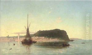 Fishing boats off a coastal landscape by Francis Danby
