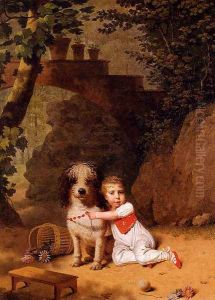 Portrait Of A Little Boy Placing A Coral Necklace On A Dog, Both Seated In A Parkland Setting by Martin Drolling