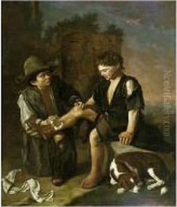A Landscape With Two Beggar-boys And A Dog Beside Architectural Ruins by Pedro Nunez De Villavicencio