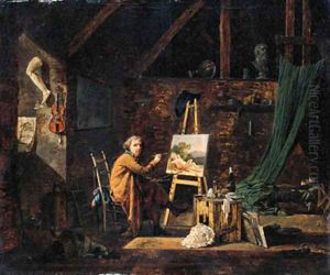 Portrait of an artist, seated small full-length, painting in his studio by Martin Drolling