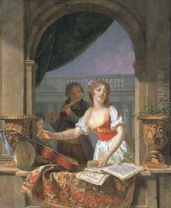 A young lady reaching for a guitar at a stone casement and a boy playing the flute beyond