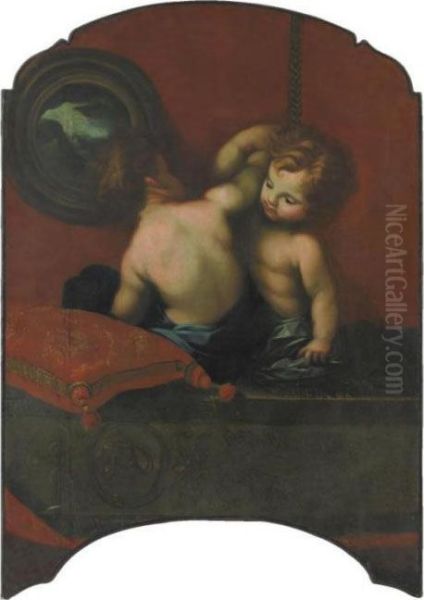 Due Putti Su Un Tappeto Con Un Cuscino E Un Dipinto - view 1