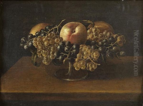 Nature Morte Aux Raisins Et Aux Peches Dans Une Coupe De Verre - view 1