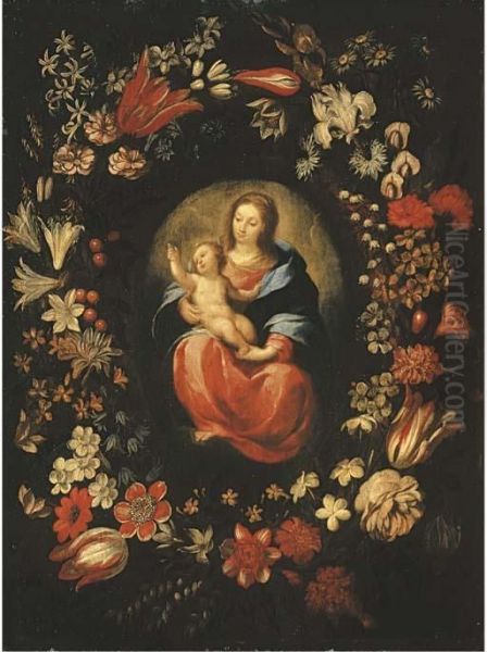 A Garland Of Tulips, Lilies,
Carnations And Other Flowers Surrounding A Medallion Of The Virgin And
Child - view 1