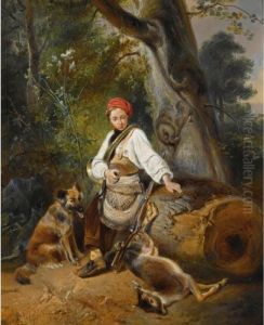 A Hunter At Rest In The Woods by Wijnandus Johannes Josephus Nuijen