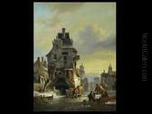 Hollandische Stadt Im Winter by Wijnandus Johannes Josephus Nuijen