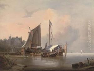 Ceremonial Barges Moored On A Dutch Waterway by Wijnandus Johannes Josephus Nuijen