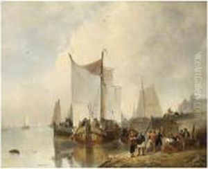 Moored Sailing Vessels Near A Harbour by Wijnandus Johannes Josephus Nuijen