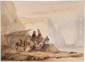 Beach Scene On The Normandy Coast With Figures By An Upturned Boat And Cliffs Behind by Wijnandus Johannes Josephus Nuijen