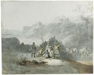 Soldiers Resting By A Road In A Hilly Wooded Landscape, A Ruin On Ahill Beyond