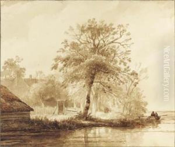 A Farm Among Trees By A Pond, Fishermen In A Boat Nearby - view 1
