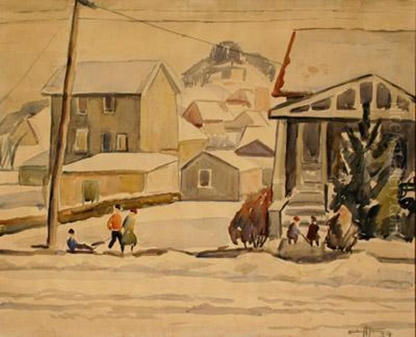 Children At Play Along A Snowy Street - view 1