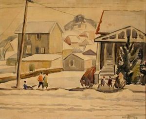 Children At Play Along A Snowy Street by Edgar Hewitt Nye