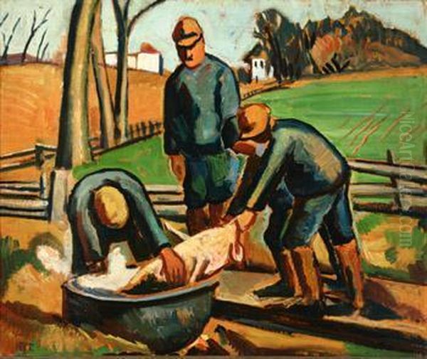 Farmers Cleaning A Pig - view 1