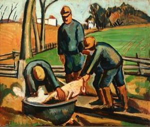 Farmers Cleaning A Pig by Edgar Hewitt Nye