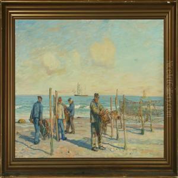 Fishermen Sorting Out The Nets On The Beach - view 1
