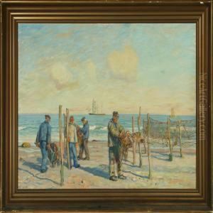 Fishermen Sorting Out The Nets On The Beach by Borge C. Nyrop