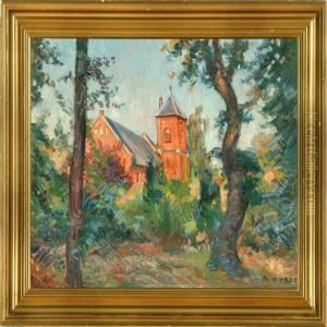 Danish Autumn Scenery At Taarbaek Church. Signed B. Nyrop