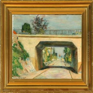 Viaduct At A Village Road. Signed And Dated B. Nyrop 1935 by Borge C. Nyrop