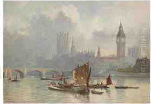 Barges In Front Of The House Of Parliament by Lucius Richard O'Brien