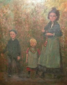 Irish 1850/53-1929- Mother And Children; Oil On Canvas, Bears Signature, 76x54cm by Aloysius C. O'Kelly