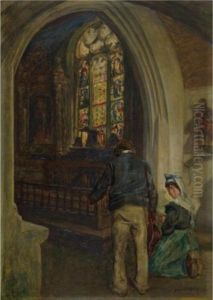 Breton Church Interior With Figures by Aloysius C. O'Kelly
