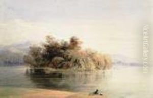 View Of An Island And Temple From Across Water