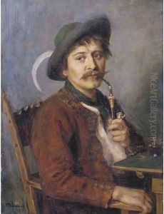 Jung Bauern a Tyrolean farmer with a pipe by Franz Von Defregger