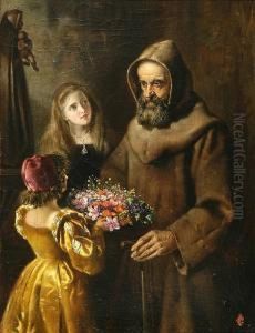 A Monk Being Presented With A Basket Of Flowers By Two Young Girls by George Bernard O'Neill