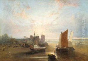 A Coastal Scene With Figures By Beached Fishing Boats In The Foreground by John Wright Oakes
