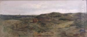 An Anglesey Landscape With Distant Cottage And Windmill by John Wright Oakes