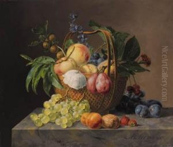 Grapes, Apples, Cherries, A
Quince, Gooseberries, Plums, A Poppyand Other Flowers In A Basket, And A
Walnut, Strawberries, Amarigold, Plums, Apricots And Grapes On A Marble
Ledge - view 1