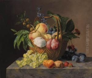 Grapes, Apples, Cherries, A 
Quince, Gooseberries, Plums, A Poppyand Other Flowers In A Basket, And A
 Walnut, Strawberries, Amarigold, Plums, Apricots And Grapes On A Marble
 Ledge by Anthony Oberman