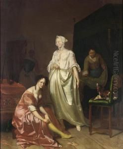 An Interior With Two Elegant Ladies Making Their Toilet 

 Together With A Maid Making The Bed And A Dog On A Chair by Jacob Ochtervelt