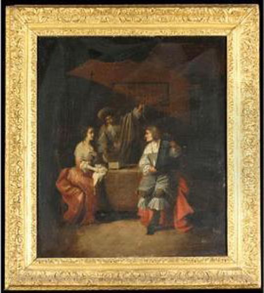 A Lady And Two Gentleman In An Interior, Examining Jewellery - view 1
