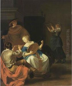 An Elegant Couple Playing Music With A Gentleman Listening And A Maid Serving by Jacob Ochtervelt