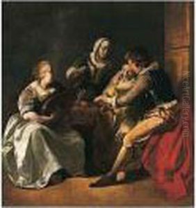 An Interior With A Couple Seated
 At A Table, Another Lady Playing The Lute And A Man Standing Behind by Jacob Ochtervelt