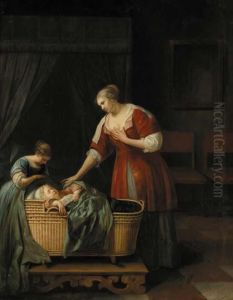 A Mother Watching Over Her Sleeping Baby, With Her Sister, In An Interior